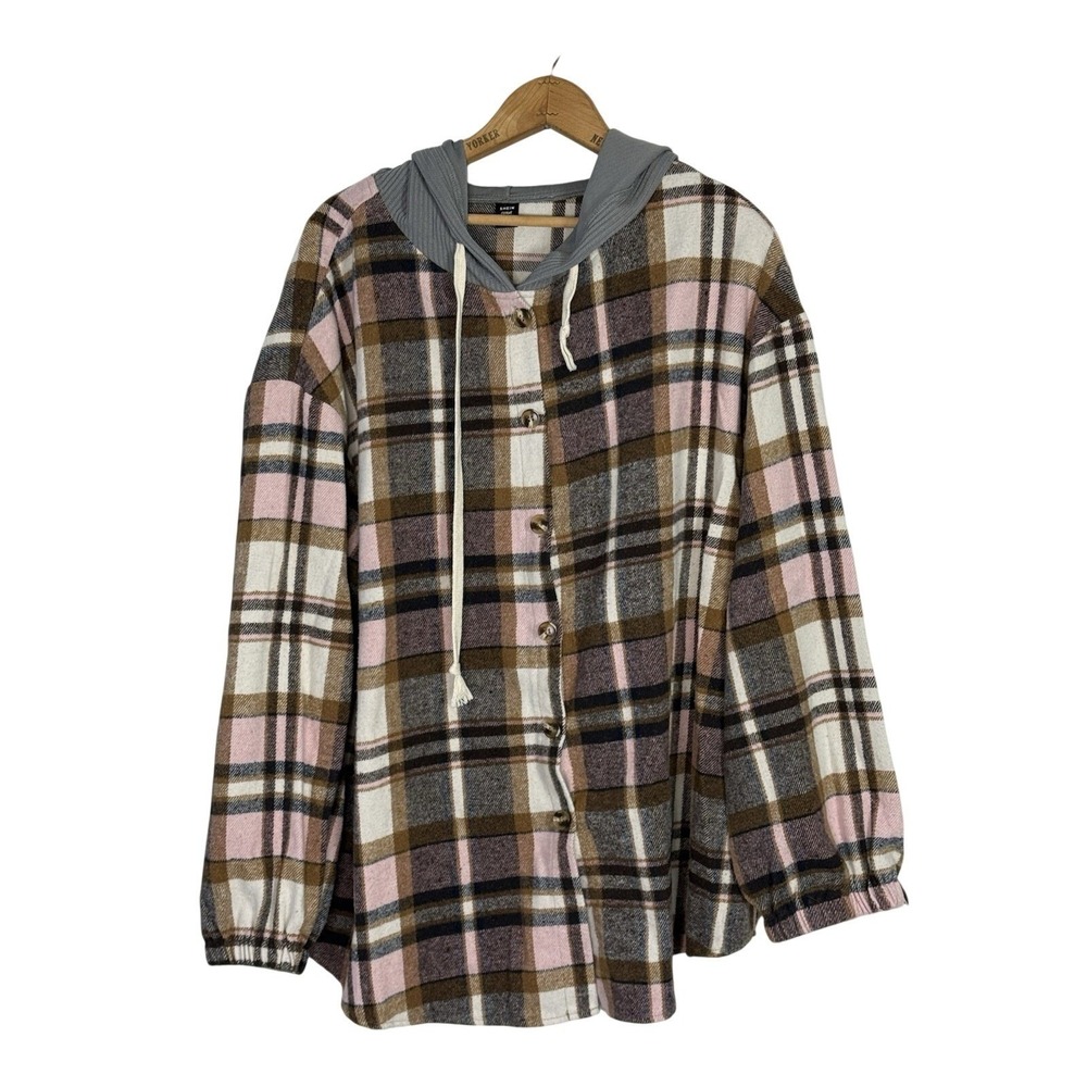 Shein Curve Flannel Shirt Jacket, (Shacket), Plaid Pink & Brown Size 3X